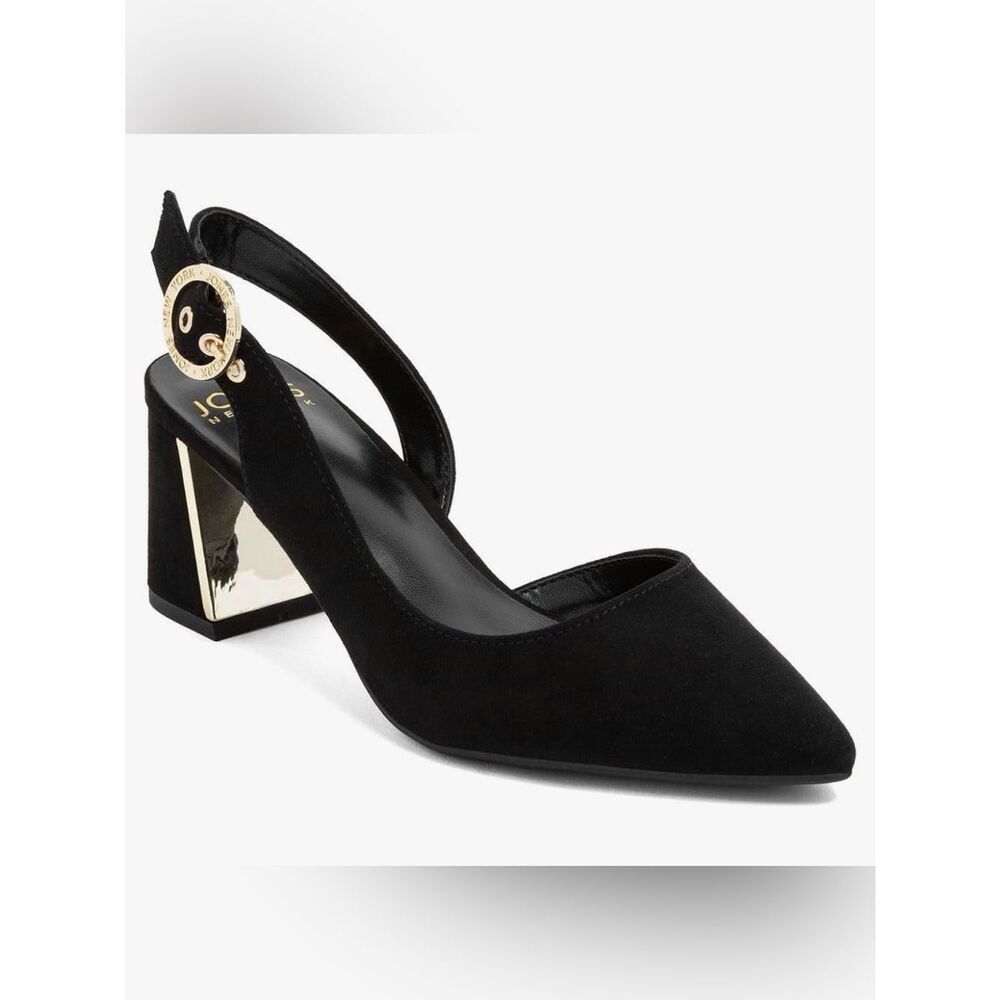 Jones New York Black Suede Slingback Pumps with Gold Block Heel
